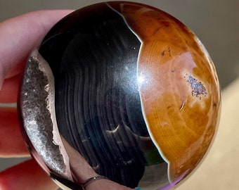 Black & Chocolate Brown Sardonyx Statement Sphere with Quartz Geode Cluster