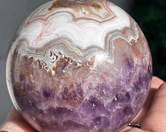 Amethyst Lace Agate XL Sphere with Rainbows, UV Reactive HQ Crystals, Amethyst Mexican Agate Big sphere