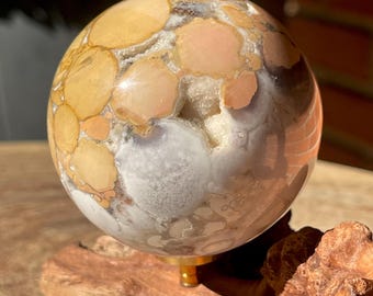Spotted Agate Sphere: Orbicular Agate Crystal Ball with Quartz and Dendritic Inclusions