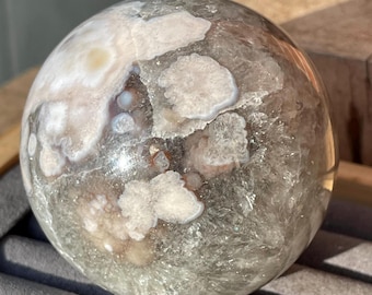 Green Quartz Flower Agate Xl Sphere, Statement Crystal with a Hidden Butterfly Flowers & Rainbows, HQ Collectors Crystals