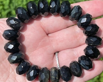 Blue Tiger’s Eye Faceted Rondel Bead Bracelet | Natural Tiger eye 15 MM sparkly stretch bracelet | Deep Blue Tigers Eye Crystal Jewelry