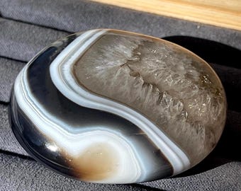 Black & White Banded Phantom Agate Crystal Palmstone, Unique Abstract Polished Rock (99)