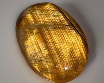 Tigers Eye Palmstone, Natural Chatoyant Polished Crystal, Unique Freeform rock with a cats eye flash