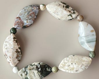 Ocean Jasper Marquise Beaded Bracelet, Orbicular Jasper Collectors Edition, 31mm Beads