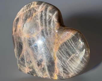 Black Moonstone XL Heart,  HQ Moonstone Crystal Carved Heart with Rainbow Flash (454)