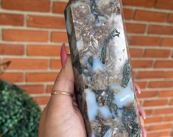 Moss Agate Blue Chalcedony Statement Tower 7.5 inches , Blue Moss Agate XXL Point, Rare Agate Big Tower