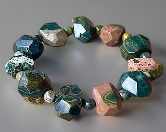8th Vein Ocean Jasper Bracelet Big Faceted Nugget beads with Pink Orbs. Orbicular Ocean Jasper, old stock, collectors edition