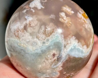 Green & Peach Flower Agate Sphere with Pink Flowers UV Reactive, HQ Crystal Gifts
