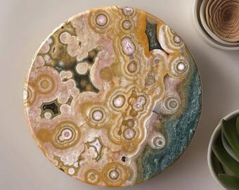 Ocean Jasper Disc • Yellow Green & Pink Round Flat • Madagascar Bubble Jasper • Orbicular Jasper Slice • Travel Rocks
