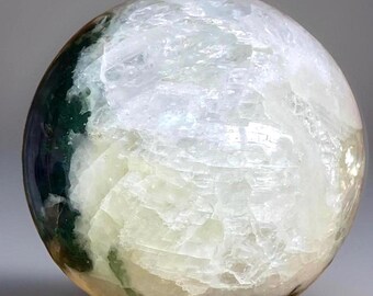 Moss Agate Large Statement Sphere with Stunning Rainbow Calcite & Quartz