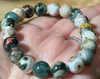 1st Old Stock Vein Ocean Jasper Round Beaded Bracelet, Orbicular Ocean Jasper collectors edition Colorful beads, AAA Grade Crystals, #27
