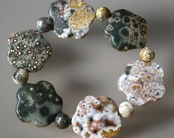 Veinless Ocean Jasper Bracelet XL Flower beads. Orbicular Ocean Jasper old stock collectors edition