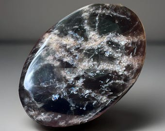 Black Moonstone Flat Palm Stone, Moonstone Oval Medallion, Natural Rainbow Filled Unique Flashy Crystal, Moody Moonstone with a Flash