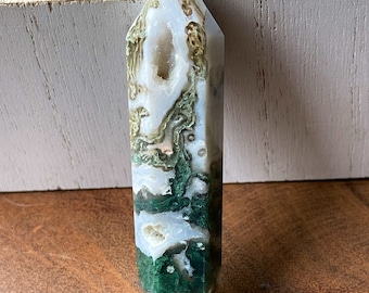 Moss Agate Druzy Double point |Moss Agate Carvings| Home Decor | AAA Grade Crystals | Crystal Gifts, Positive Energy | Moss Agate wand