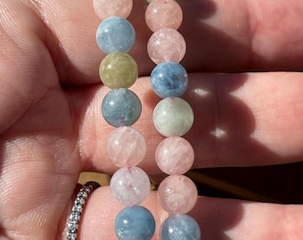 Morganite Bracelet 7mm - Beryl Bracelet with Morganite, Aquamarine, Helidor - No. 201