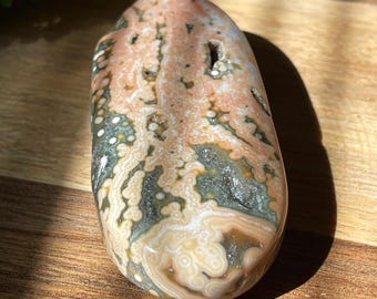 Veinless Ocean Jasper Large Elongated Palmstone, Marovato Orbicular Jasper Crystal Stone, Collectors Unique Colorful Ocean Jasper with Quart