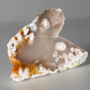 May include: A polished, irregularly shaped agate stone with a mix of colors. The stone features a translucent, light brown center with white, orange, and cream-colored patterns along the edges. The stone is approximately 6 inches long.