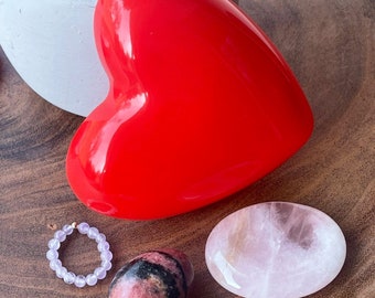 Crystal Gift box - Rose Quartz Worry Stone, Rhodonite Tumble, Lavender Amethyst Beaded Ring