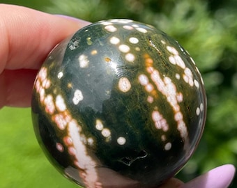 Orbicular Pink & Green Ocean Jasper Sphere, Marovato Jasper Crystal Ball, Collectors Unique Orbicular Ocean Jasper