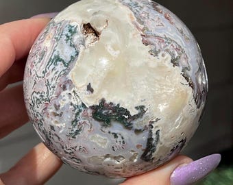 Pink Moss Agate Statement Sphere with a Large Calcite Inclusion