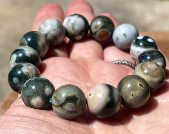6th Vein Ocean Jasper Bracelet large beads. Orbicular Ocean Jasper, old stock, collectors edition