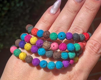 Multi-Colored Lava Rock Bead Bracelet - 7mm, Dyed Stone Crystal Bracelet, Rainbow Stacking Jewelry, Layering Stretch Bracelet