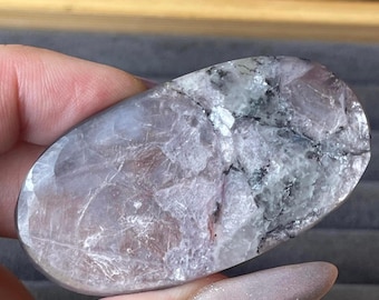 Gem Lepidolite Palmstone with Quartz and Dendritic Inclusions:  Flashy Pocket Crystal