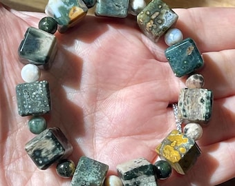 8th Vein Ocean Jasper Cube Beaded Bracelet, Orbicular Ocean Jasper old stock collectors edition Colorful beads, AAA Grade Crystals, #28