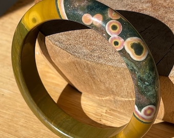 KABAMBY Ocean Jasper Bangle Bracelet with Pink Yellow Orbs, Orbicular Ocean Jasper old stock collectors edition jewelry, #22