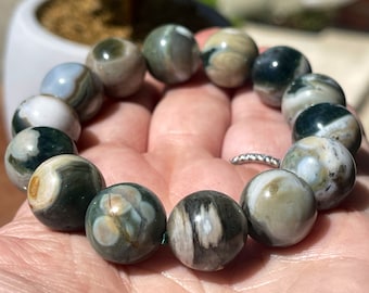 8th Vein Ocean Jasper Bracelet large beads. Orbicular Ocean Jasper, old stock, collectors edition