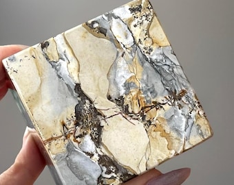 Picture Jasper XL Cube: Dendritic Scenic Carving, natural Stone House Decor (470)