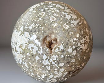 Orbicular Olive Green Ocean Jasper Sphere with a Natural Heart Druzy Pocket, Marovato Jasper Crystal Ball, Collectors Unique Ocean Jasper