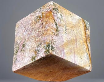 Pastel Sea Jasper Floating Cube, Ocean Jasper Large Paperweight with yellows and Pinks