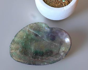 Fluorite Abstract Heart Large Gemstone Bowl, Green & Purple Fluorite trinket plate, Crystal Dish for Jewelry