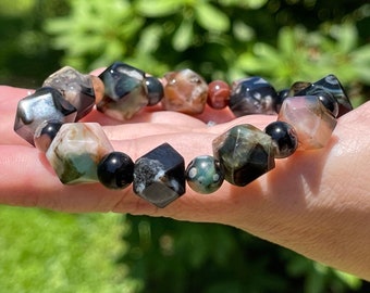 Black Green Flower Agate Beaded Bracelet - #83