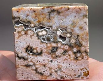 Veinless Ocean Jasper Floating Cube with green Quartz Druzy - #82, Pastel Orbicular Ocean Jasper