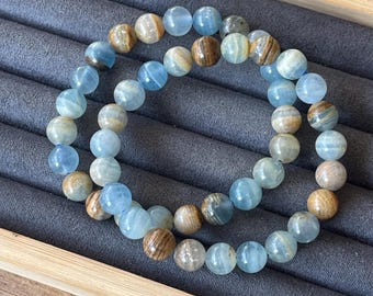 Blue Onyx Beaded Bracelet - 8mm Beads, HQ Natural Blue & Brown Crystal Beads, Layering Gemstone Jewelry
