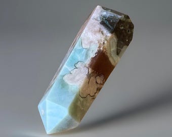 Green Flower Agate Tower with Pink Flowers, Turquoise Green Flower Agate Crystal Point