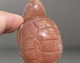 Sunstone Turtle with Golden Confetti & Silver Flash • Peach Sunstone Moonstone Hand carved Crystal Animal