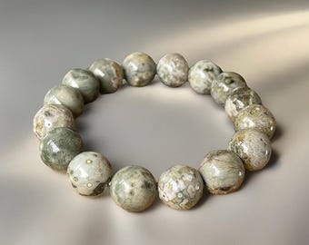 8th Vein Ocean Jasper Bracelet large beads, Orbicular Ocean Jasper Olive Green and Yellow , old stock, collectors edition