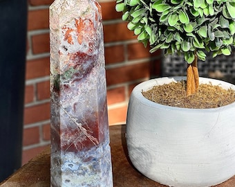 Moss Agate Stunning Statement Tower 6.75 inches , Pink Moss Agate Point with Ocean Jasper , Pink Druzy Agate Big Tower