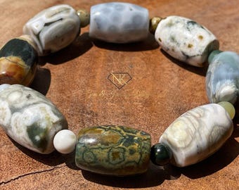 8th , 6th , 4th Vein Ocean Jasper Bracelet Xlarge beads. Orbicular Ocean Jasper, old stock, collectors edition