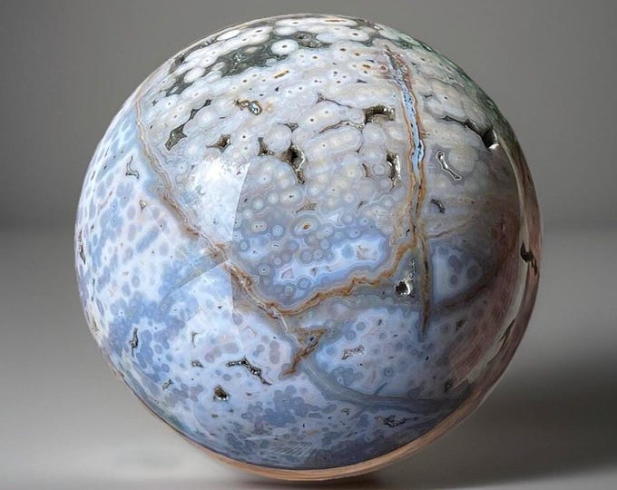 Featured listing image: 8th Vein Blue Ocean Jasper HUGE 16 inch Statement Sphere with druzy, Bubble Jasper Crystal Gift, AAA Collectors Madagascar Jelly Jasper