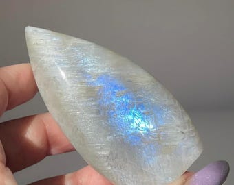 Moonstone Teardrop Flame, White Moonstone with Blue & Rainbow Flash, Beautiful Crystal Gifts