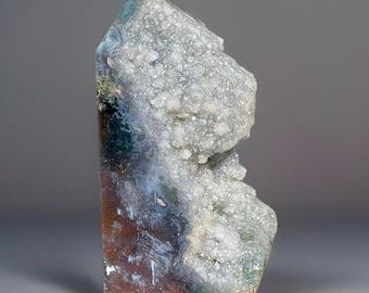 Moss Agate & Red Sea Jasper Statement Tower with Sugar Quartz Clusters, Beautiful Moss Agate Crystal Point