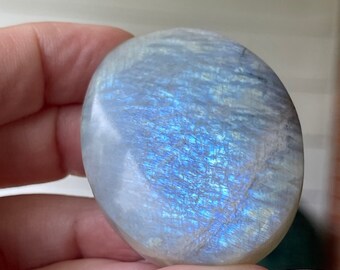 Green Moonstone Palm Stone with Electric BLUE  Flash, #28