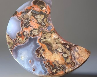 Money Agate Crescent Moon with Quartz, Fortune Agate Large Crystal Carving (81)