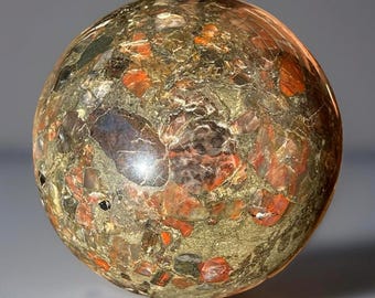 Red Conglomerate Stone sphere with a hidden Butterfly, Brecciated Jasper Crystal Ball (247)