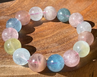 Morganite XXL Bead Bracelet | Big natural beryl 17 mm sphere bracelet | AAA Grade Morganite with a flash, tourmaline inclusions