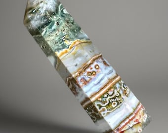 Orbicular Ocean Jasper Tower with Quartz Pink Flowers - No.52